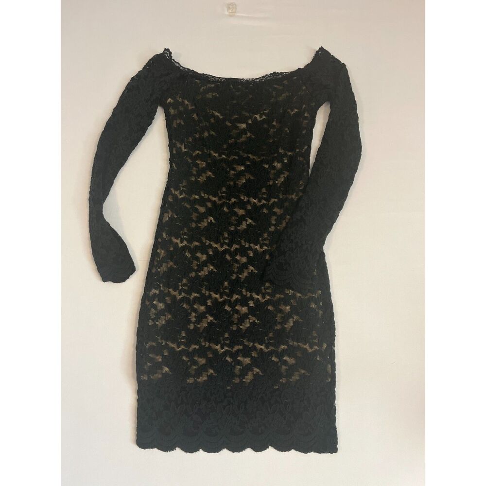 Black Lace Long Sleeve Fitted Dress Scalloped Hem